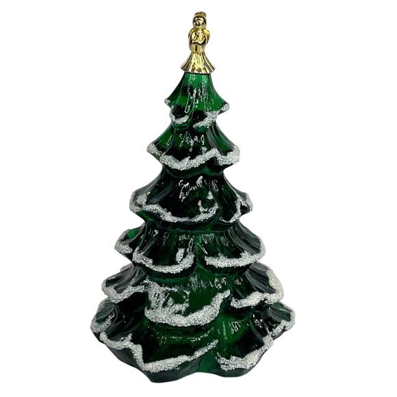 Fenton Glass CHRISTMAS TREE FIGURINE 6.5" LG Green Snow Frosted Gold Angel - Picture 8 of 8